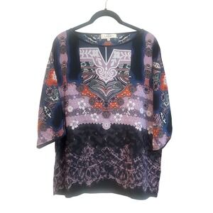 Tibi Silk Print Tunic Top 3/4 Sleeve Boat Neck Women's
